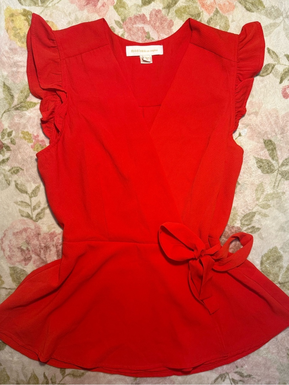 NWOT Monteau Red Ruffle Side Tie Wrap Blouse